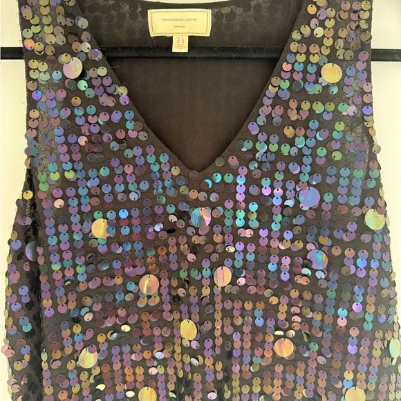 Anthropologie Moulinette Soeurs Black Sequin Shimmer Sleeveless V-Neck Top Sz 6 - Picture 9 of 10
